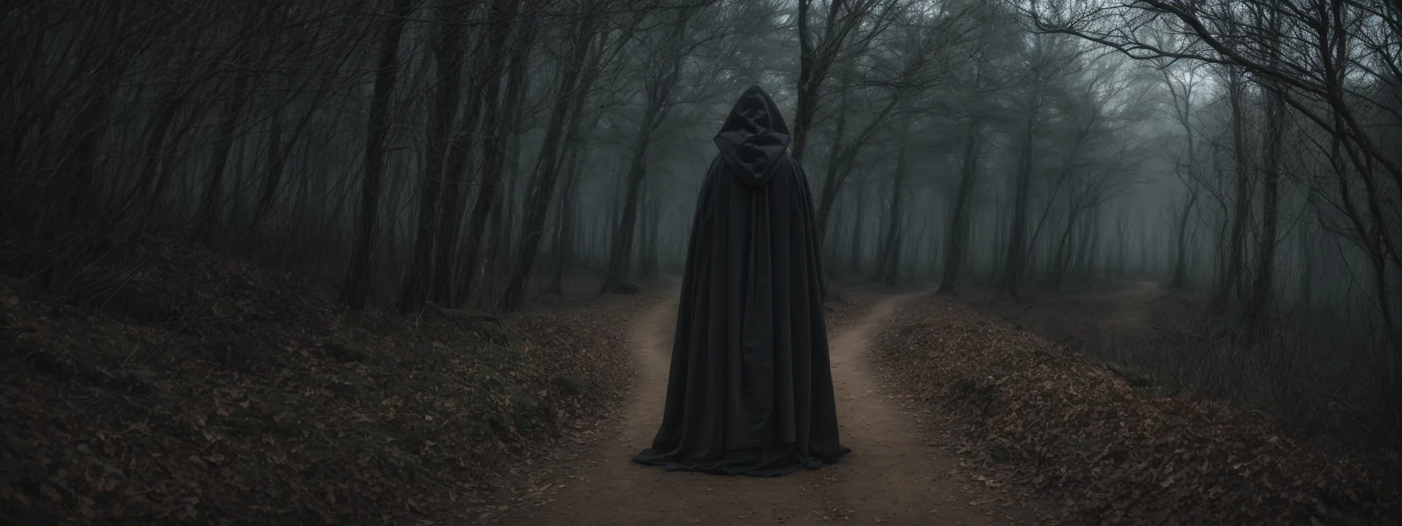 a mysterious figure in a hooded cloak stands before a split path, symbolizing the ethical crossroads of using cloaking techniques in seo.