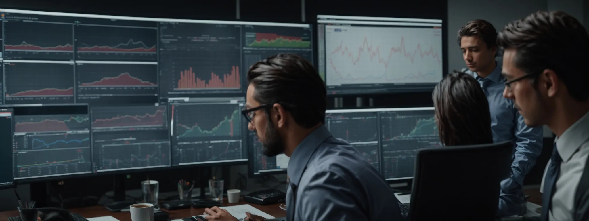 a dynamic corporate team intensely analyzes graphs and charts that reflect marketing strategies and financial data on a large monitor in a modern office setting.