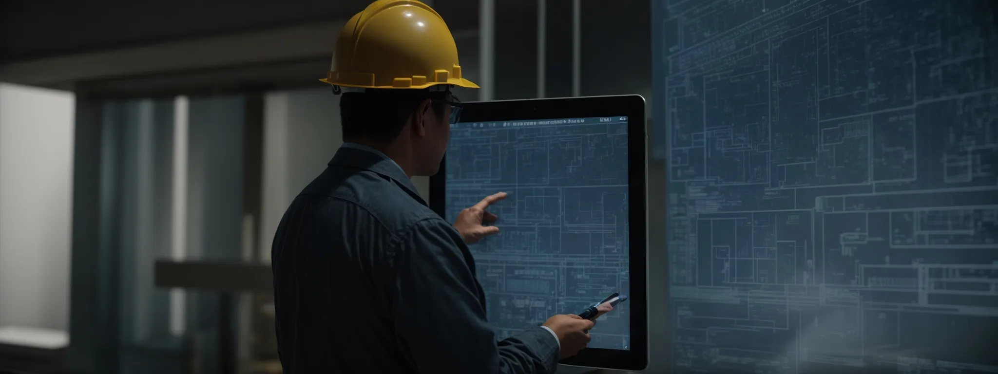a construction manager contemplates a digital blueprint on a tablet, symbolizing the integration of technology and contracting expertise.