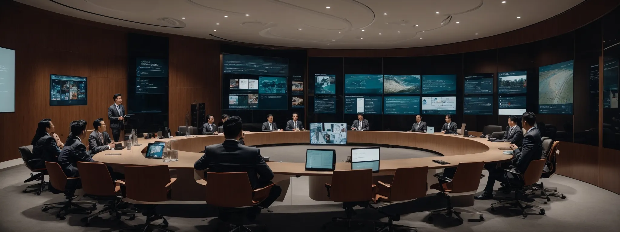 a dynamic conference room showcasing interactive screens and digital interfaces with marketers discussing strategy.