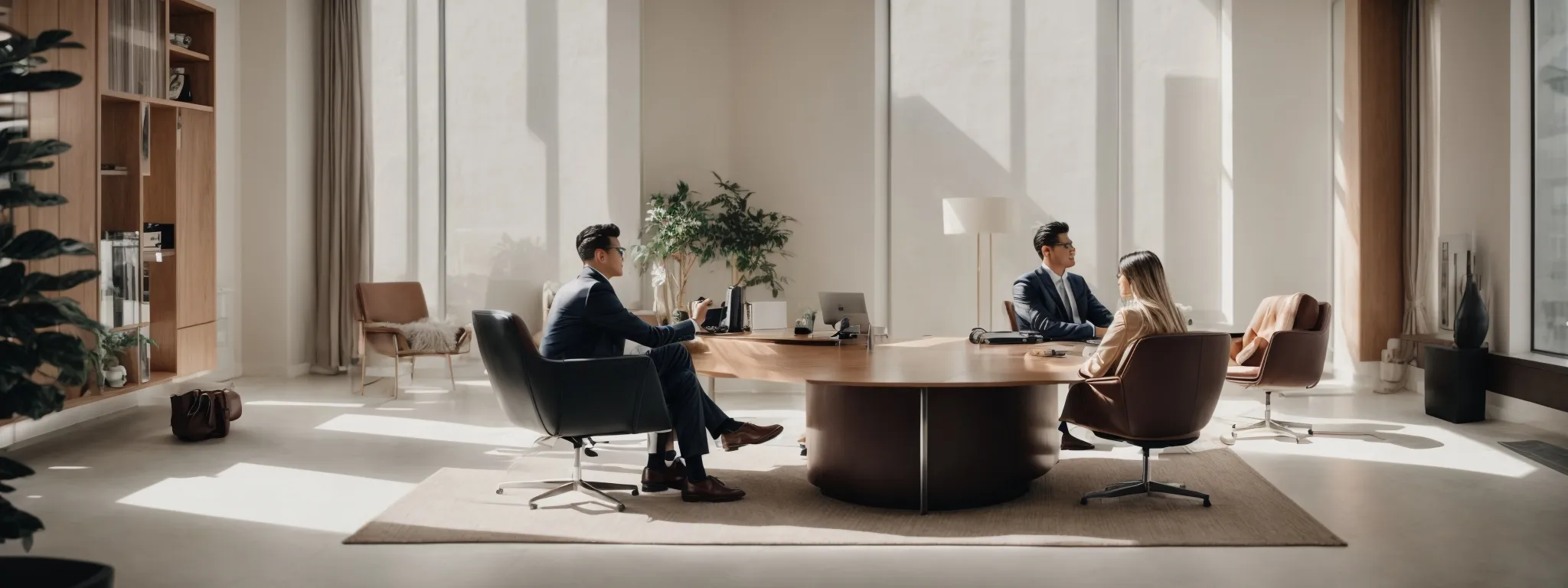 a professional meeting between a brand representative and a stylish social media influencer in a modern, minimalist office.