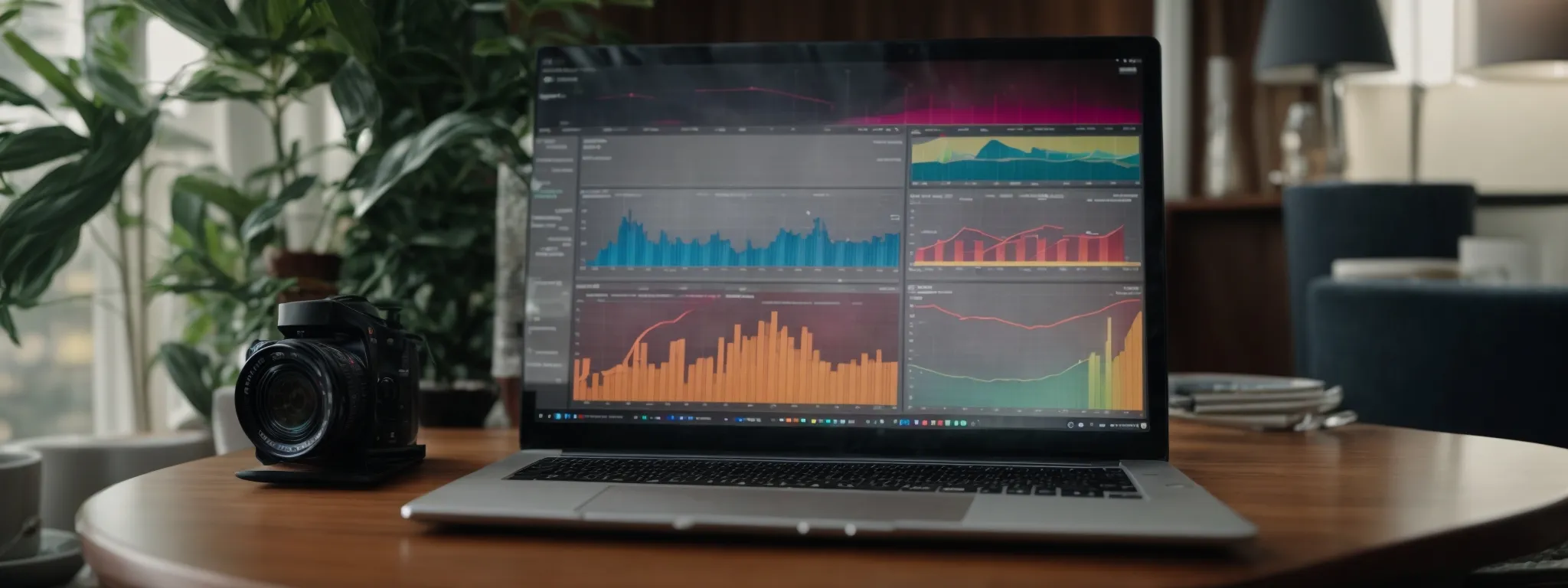 a laptop displaying colorful graphs and charts on its screen in a hotel room.