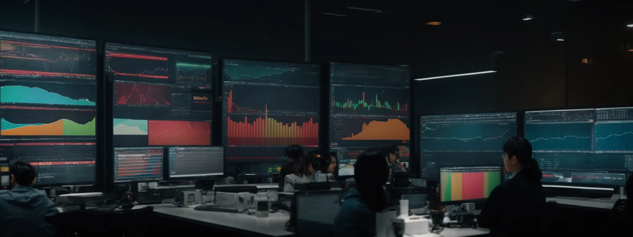 a cluster of professionals intensely scrutinizes a large display monitor showing colorful graphs and pie charts.