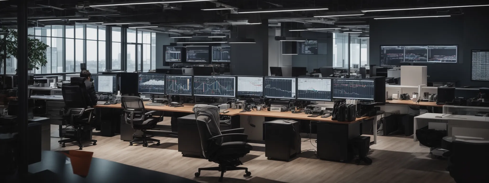 a wide-angle shot of a modern office space with multiple computer screens displaying graphs and analytics on search engine optimization.