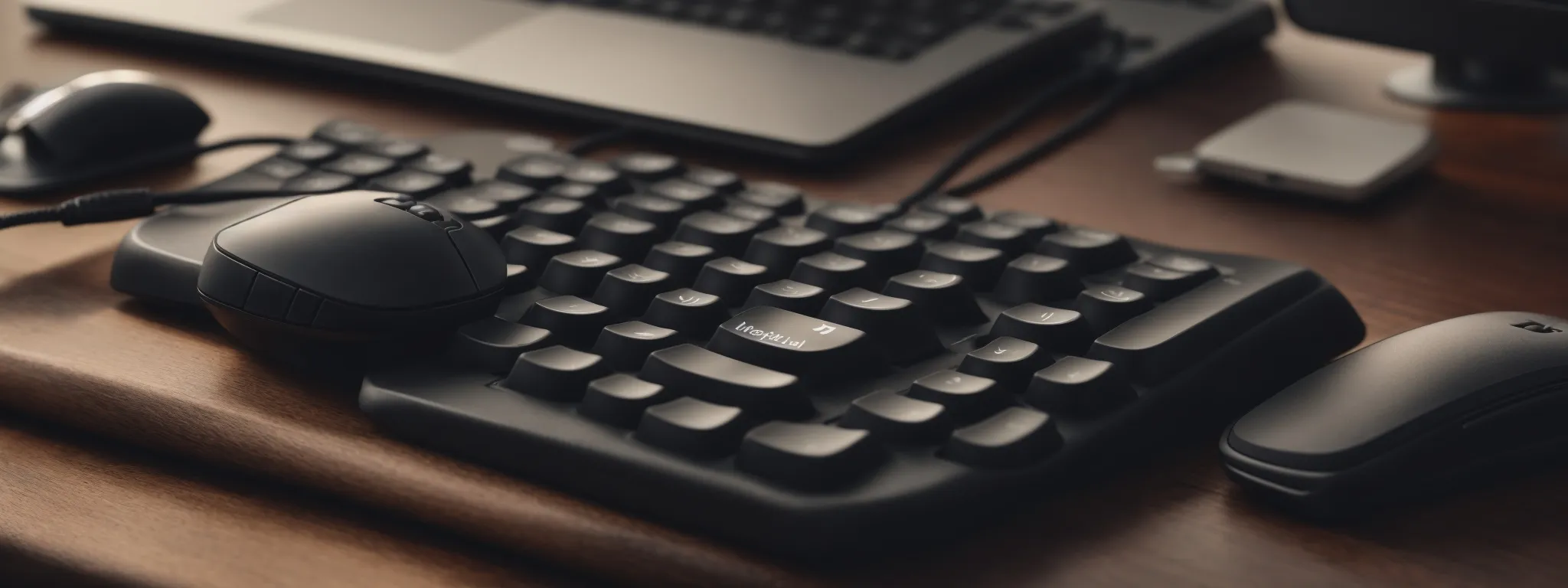 a keyboard and mouse rest beside a smartphone displaying social media notifications.