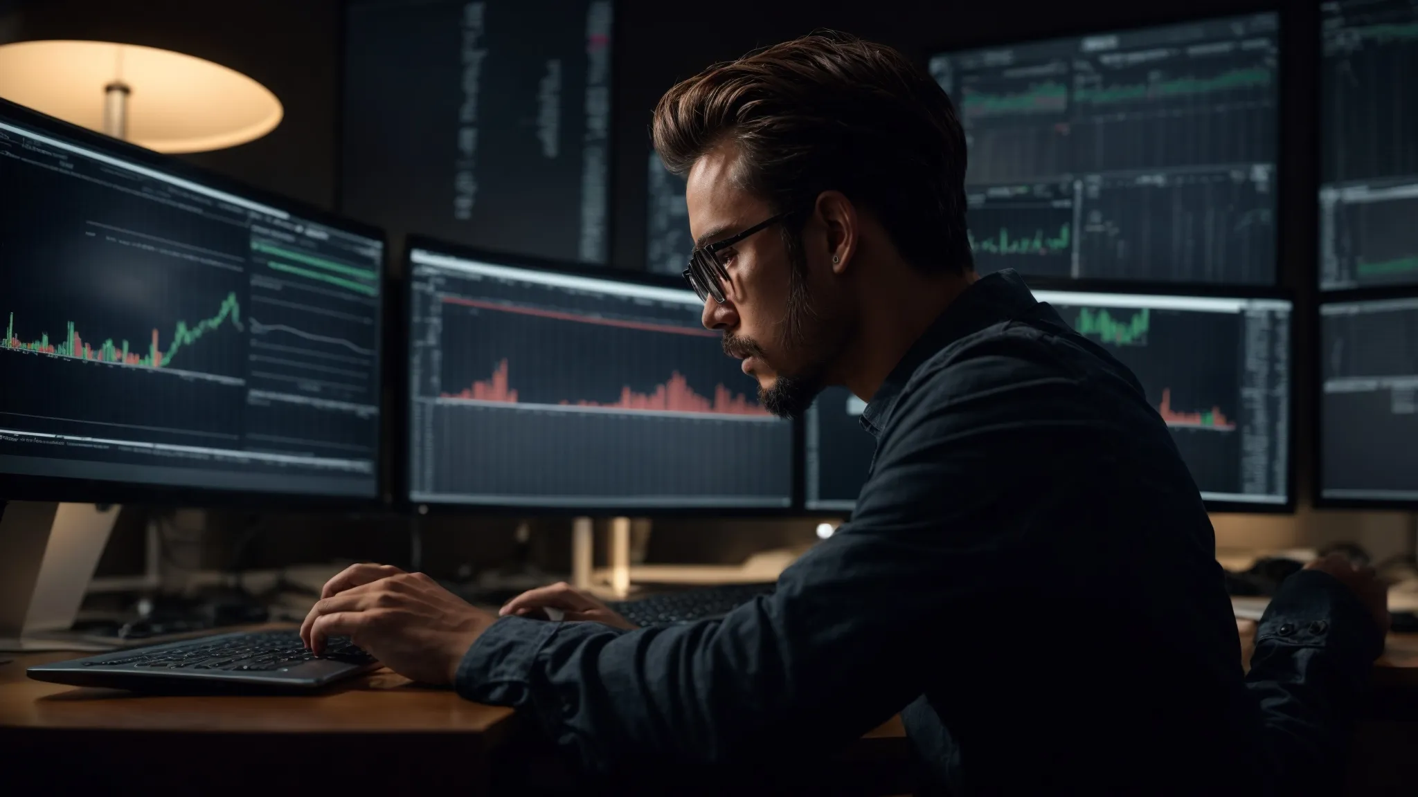 a marketing analyst intently studies graphs on computer screens, optimizing website performance.