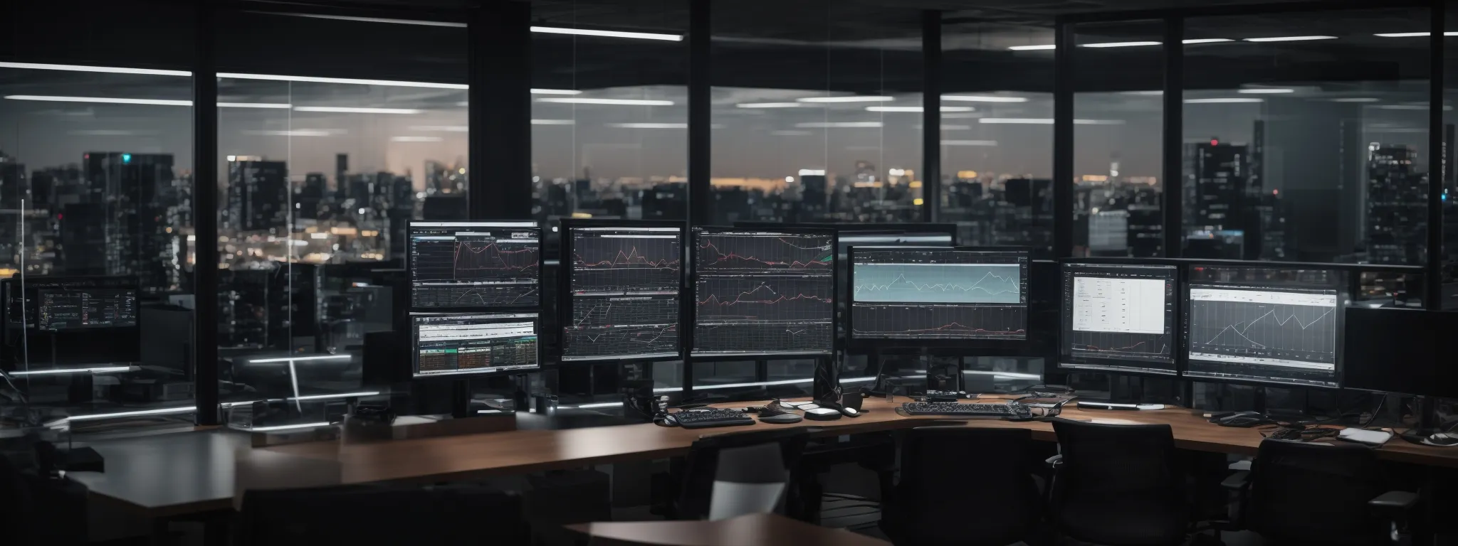 a modern office with multiple computer screens displaying graphs and analytics dashboards.