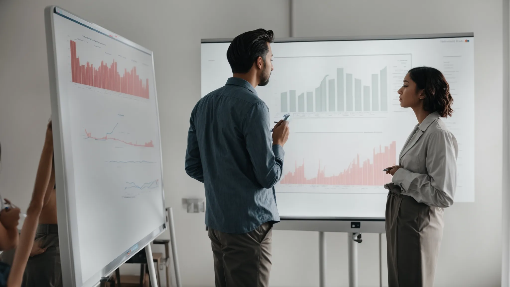 two people examining a large graph on a whiteboard while discussing strategies.