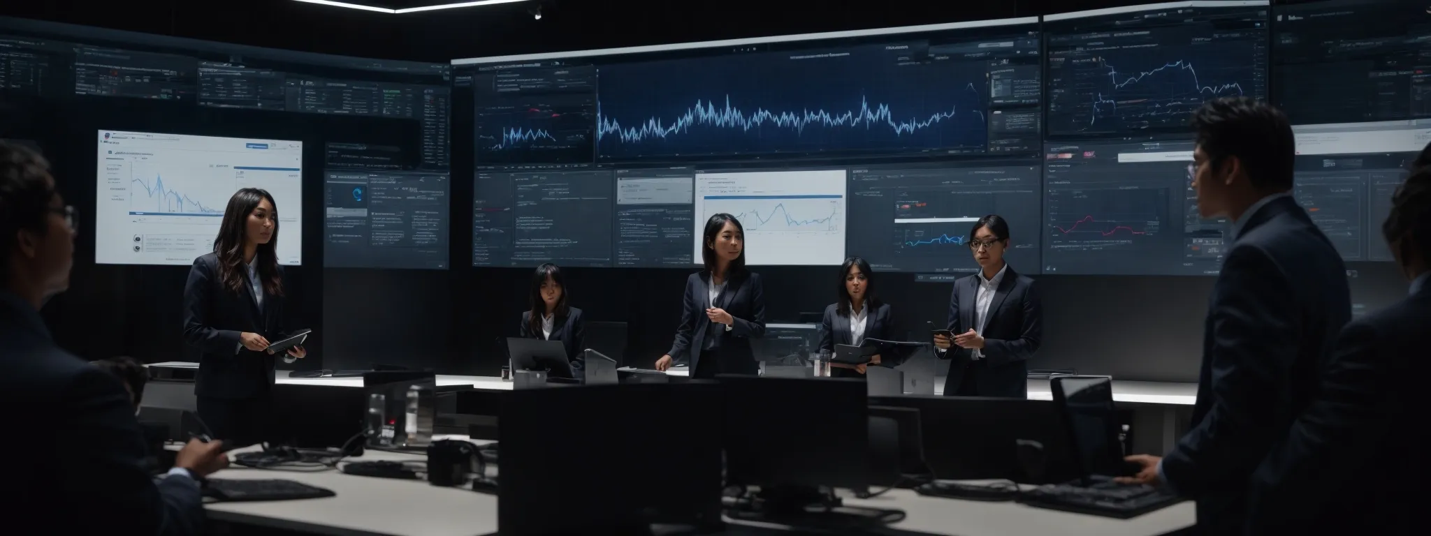 a group of focused professionals surrounding a large glowing screen displaying facebook's interface, analyzing graphs and metrics.