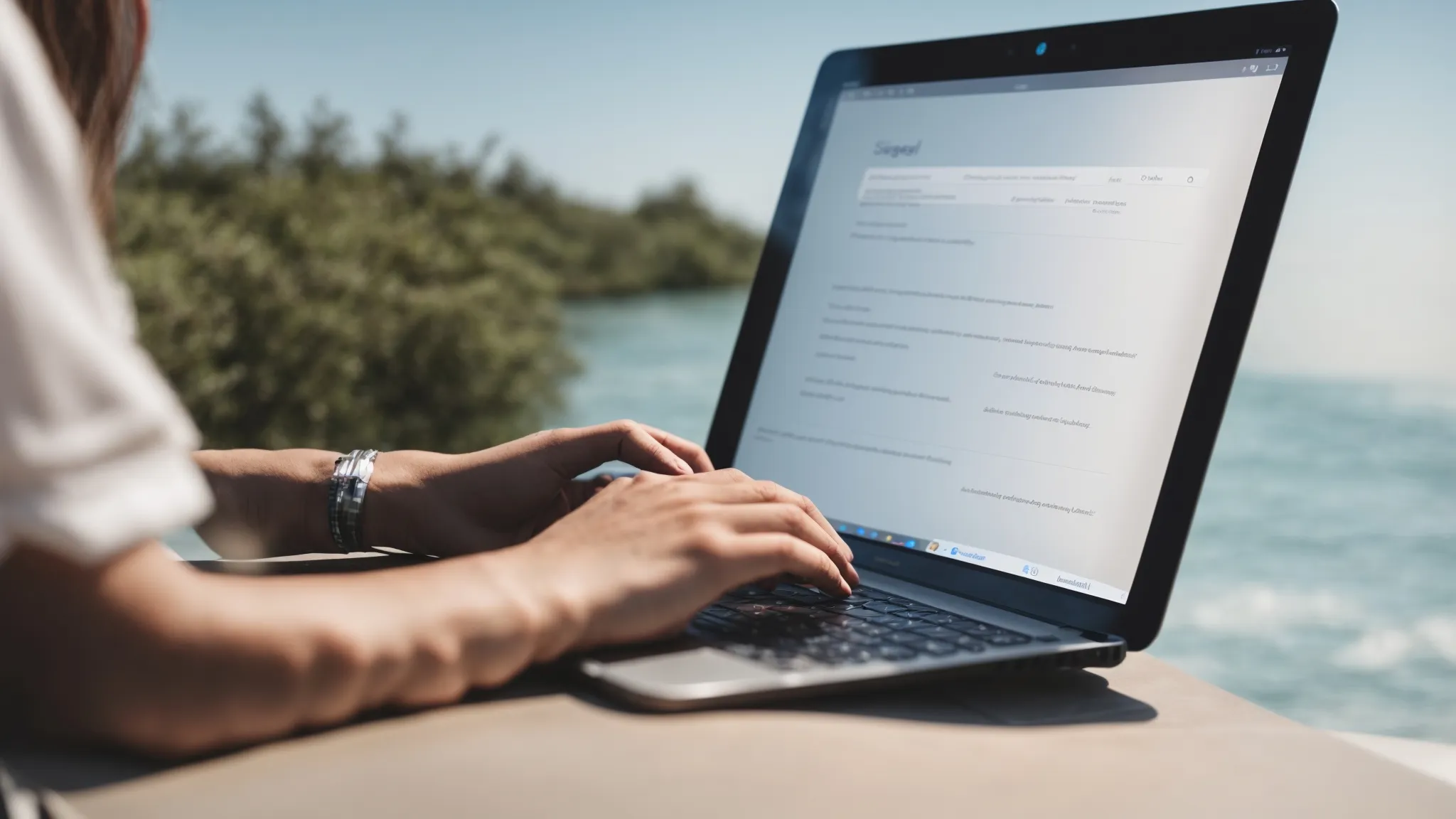 "a person typing on a laptop with visible search engine results on the screen under a clear blue sky."