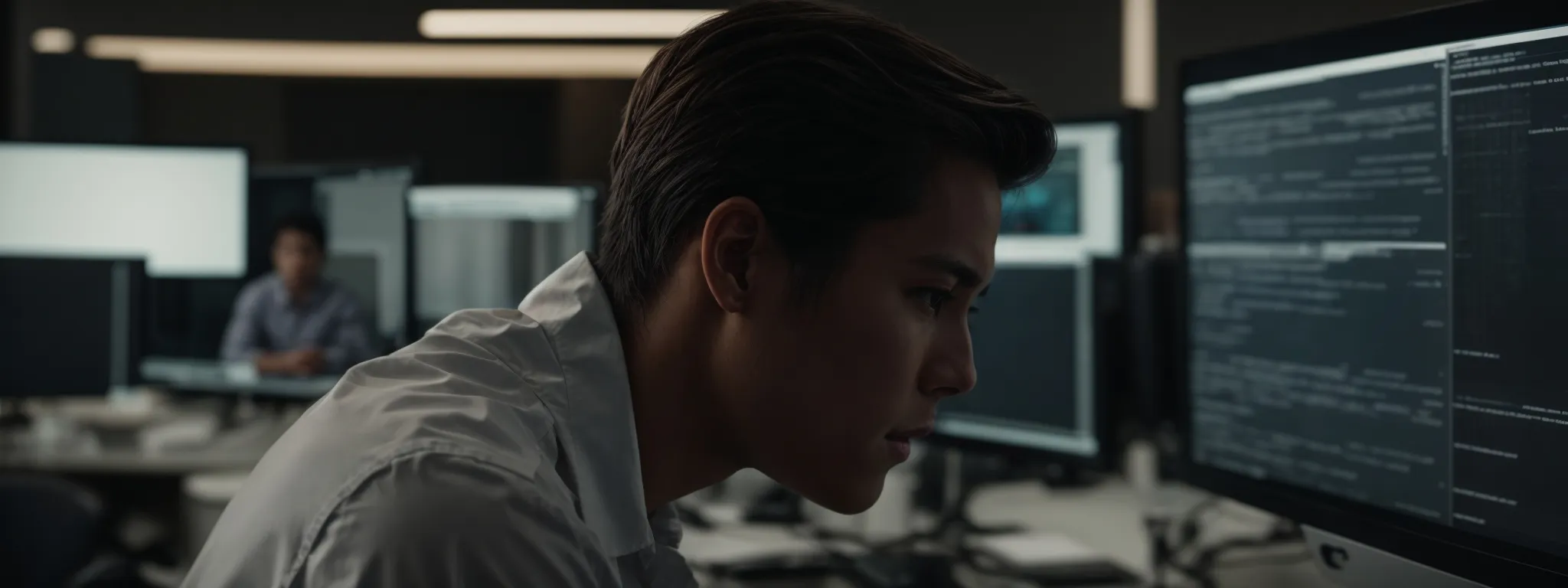 a focused individual intently analyzes content on a computer screen, amidst a modern, minimalist office setting.