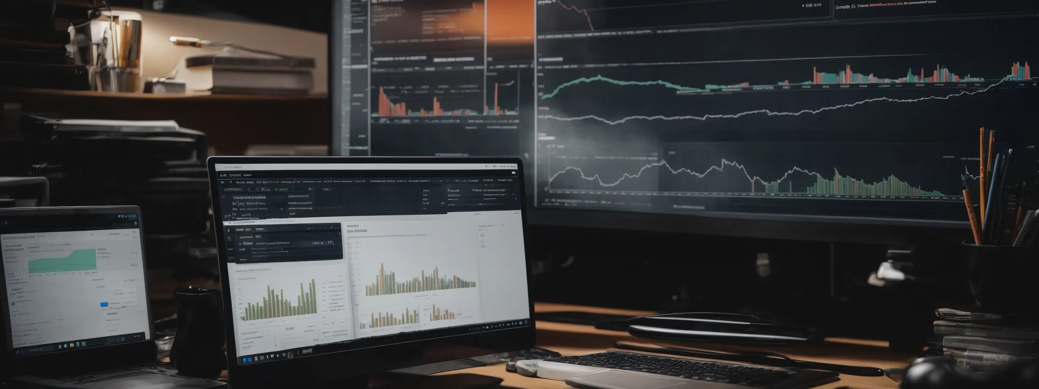 a digital marketing consultant's desk with a computer screen displaying analytics graphs, an seo toolkit, and a social media management interface open.