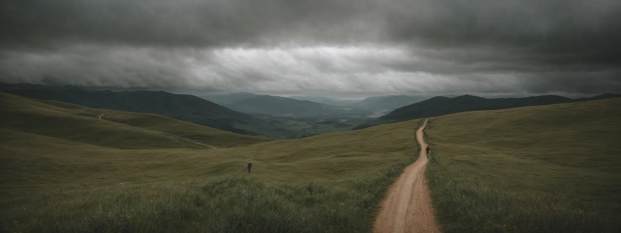 a person stands at a fork in a winding path, choosing between two diverging trails under a cloudy sky.