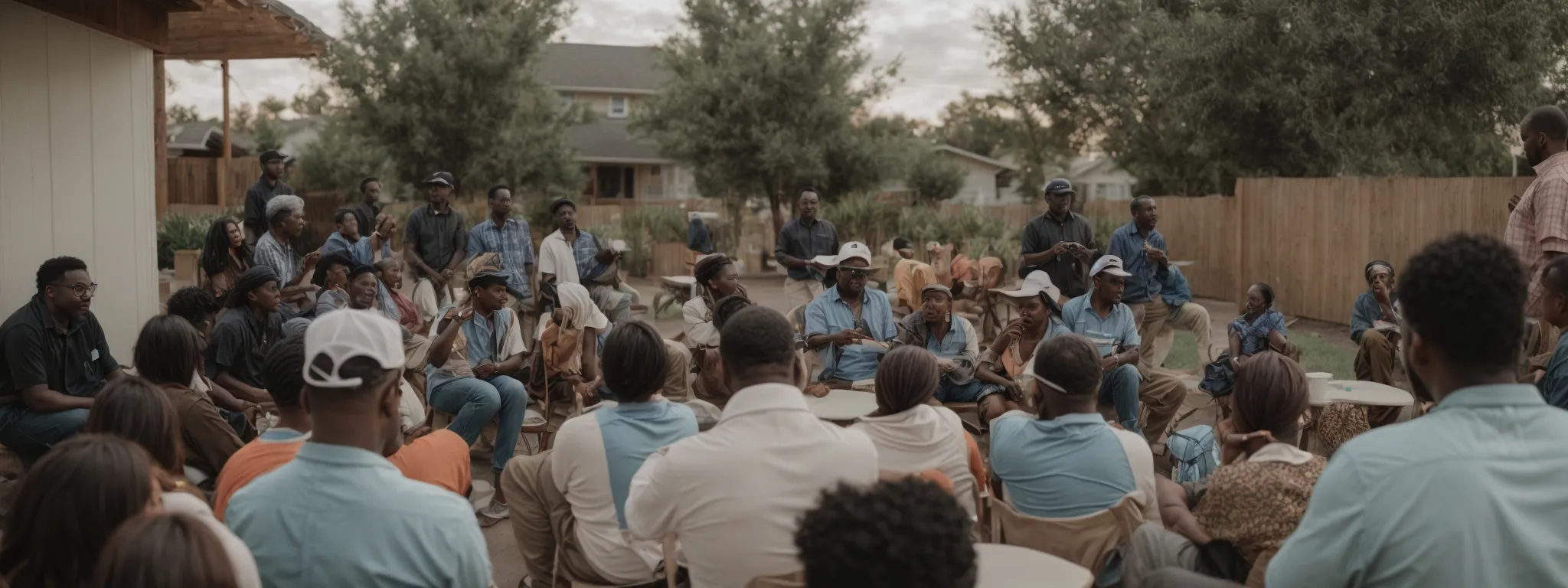 a community meeting where residents are actively discussing and planning local events with a digital content creator capturing the essence of the neighborhood.