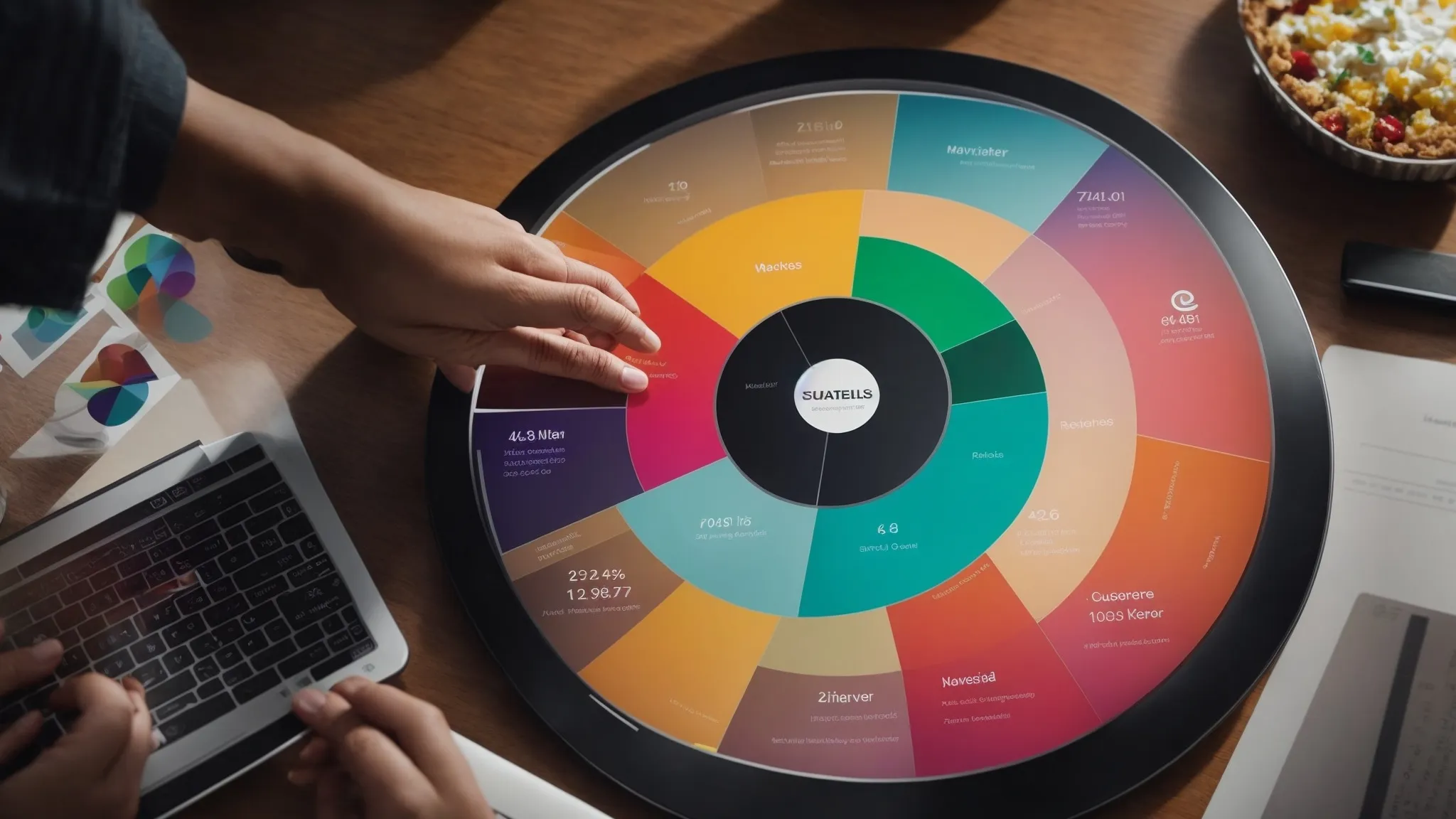 a marketing professional clicks on a colorful pie chart on a touch screen interface highlighting customer segments during a digital marketing strategy meeting.
