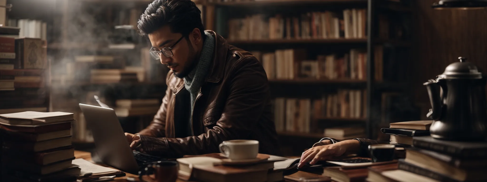 a blogger intently types on a laptop, surrounded by open books and a steaming cup of coffee, illustrating a content optimization session.