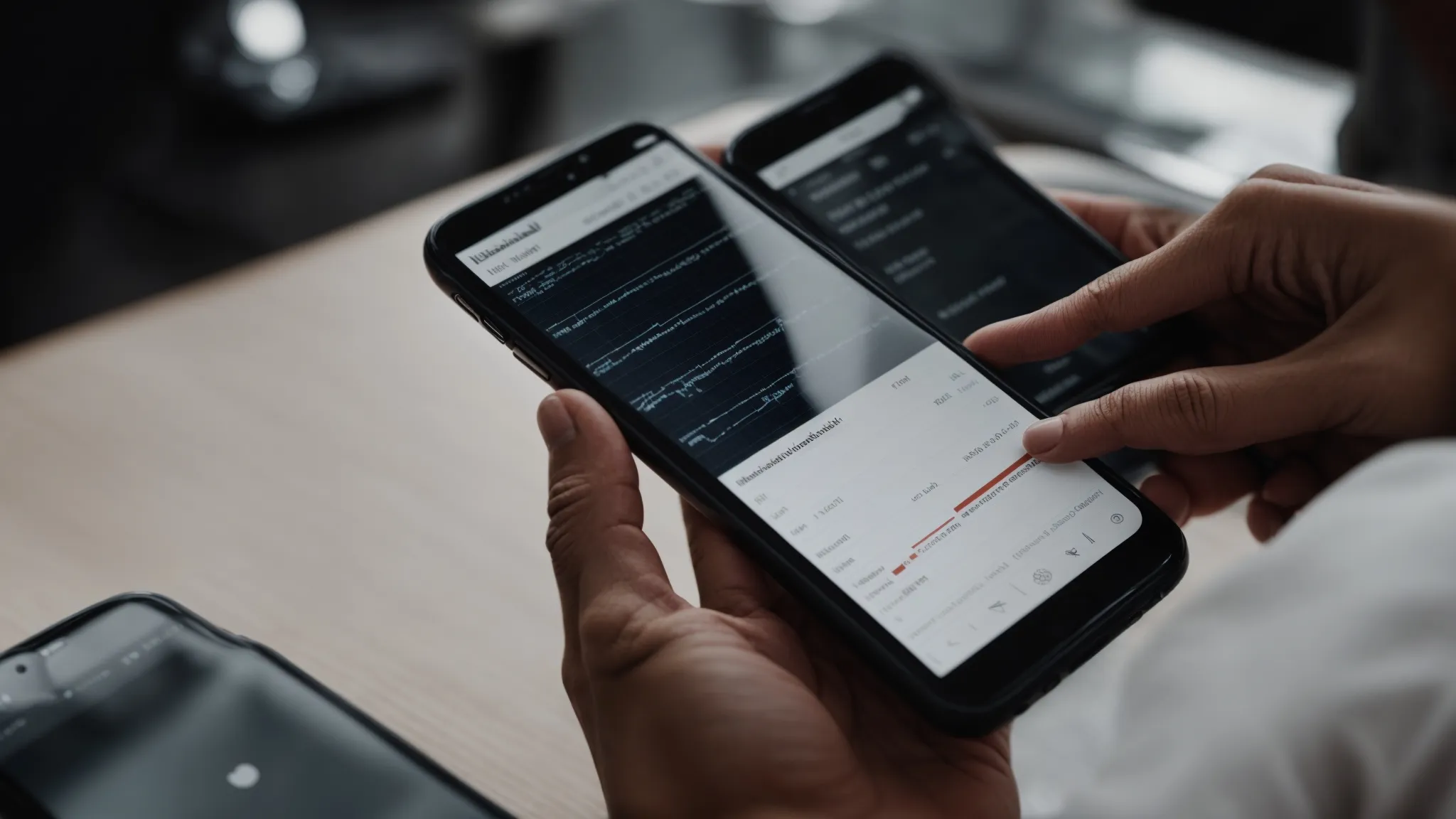 person holding a smartphone, viewing a graph of website traffic growth.