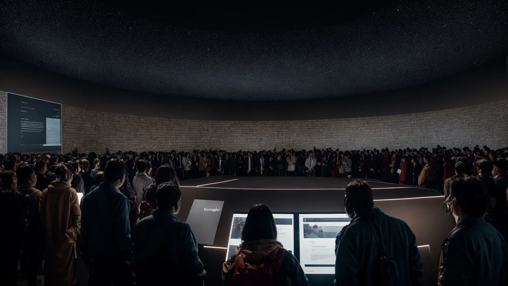 a vast array of diverse individuals intently gaze at an oversized, glowing google search page in a darkened room, highlighting the search engine's prominence in shaping their views.