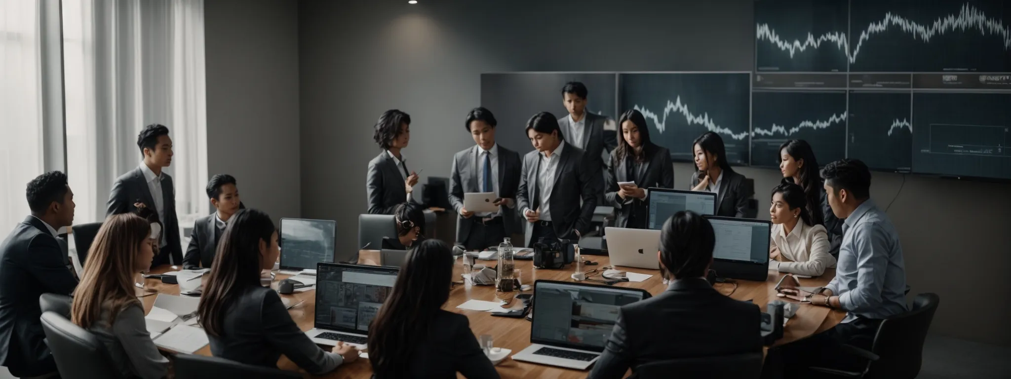 a group of professionals engaged in a strategy meeting around a high-tech table with various digital devices.