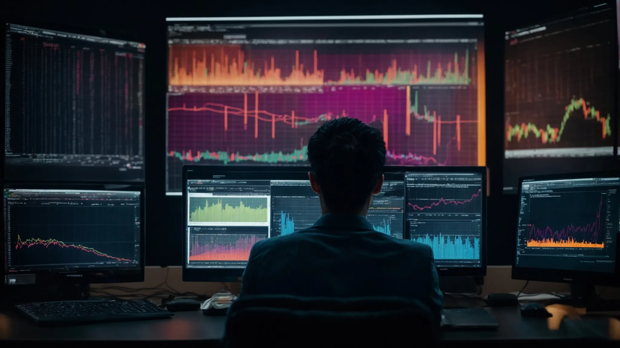 a person intently analyzing a computer screen displaying colorful graphs and website traffic data.