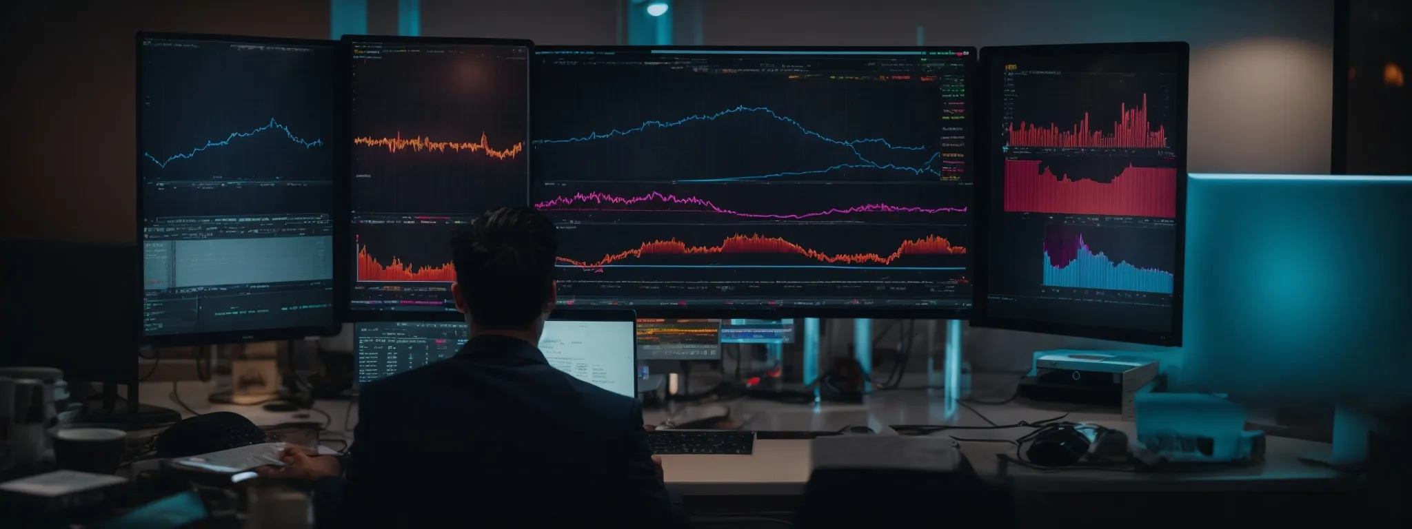 a person intently studies colorful graphs and charts on a computer screen, analyzing website performance metrics.
