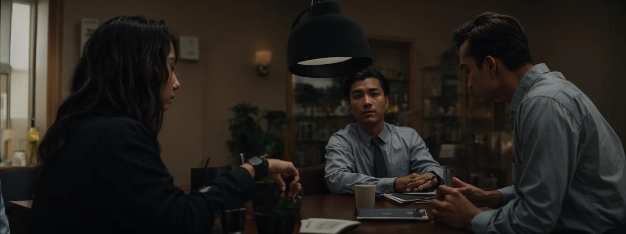 two professionals engaging in a discussion across a table, with an interpreter standing by their side.