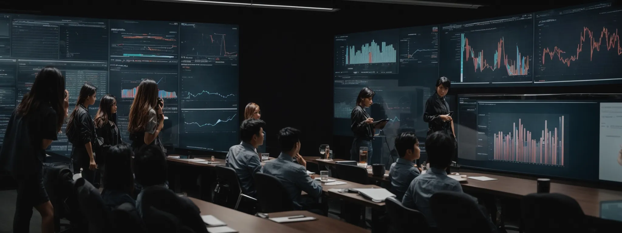 a group of professionals engaging in an interactive digital marketing workshop with large screens displaying analytics and graphs.