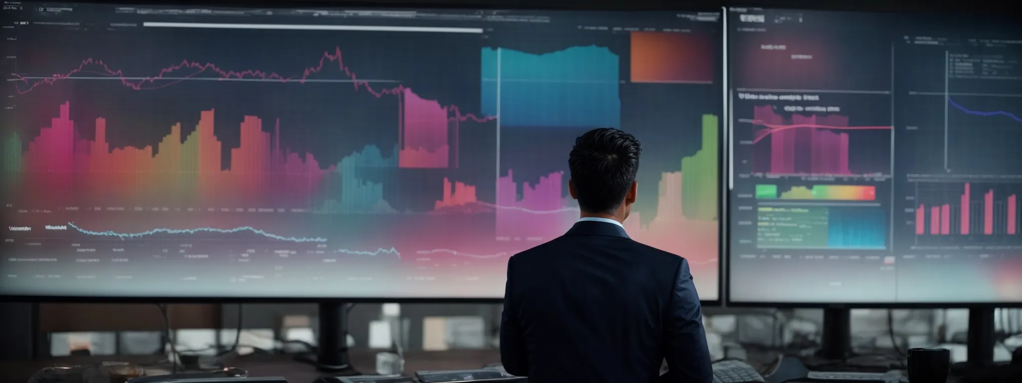a marketer gazes intently at a large screen displaying colorful graphs and pie charts depicting various metrics of a digital campaign's performance.