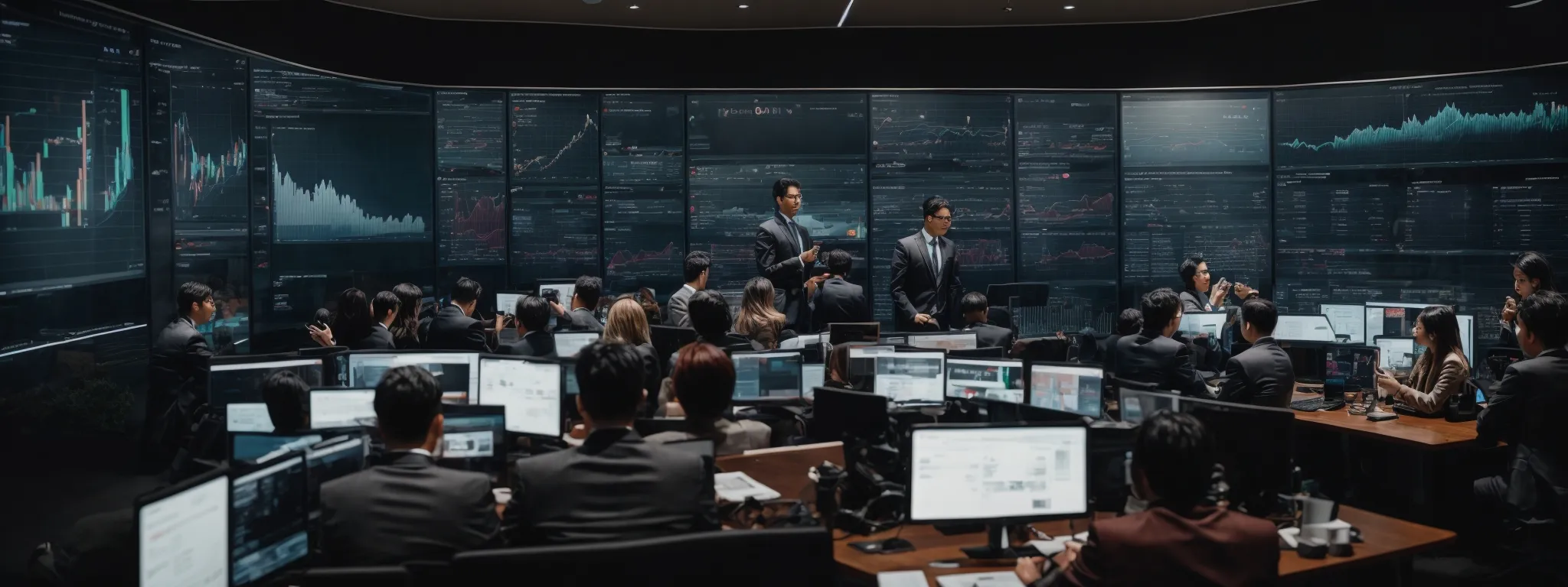 a bustling social media marketing team strategizes around a large, interactive digital analytics dashboard.