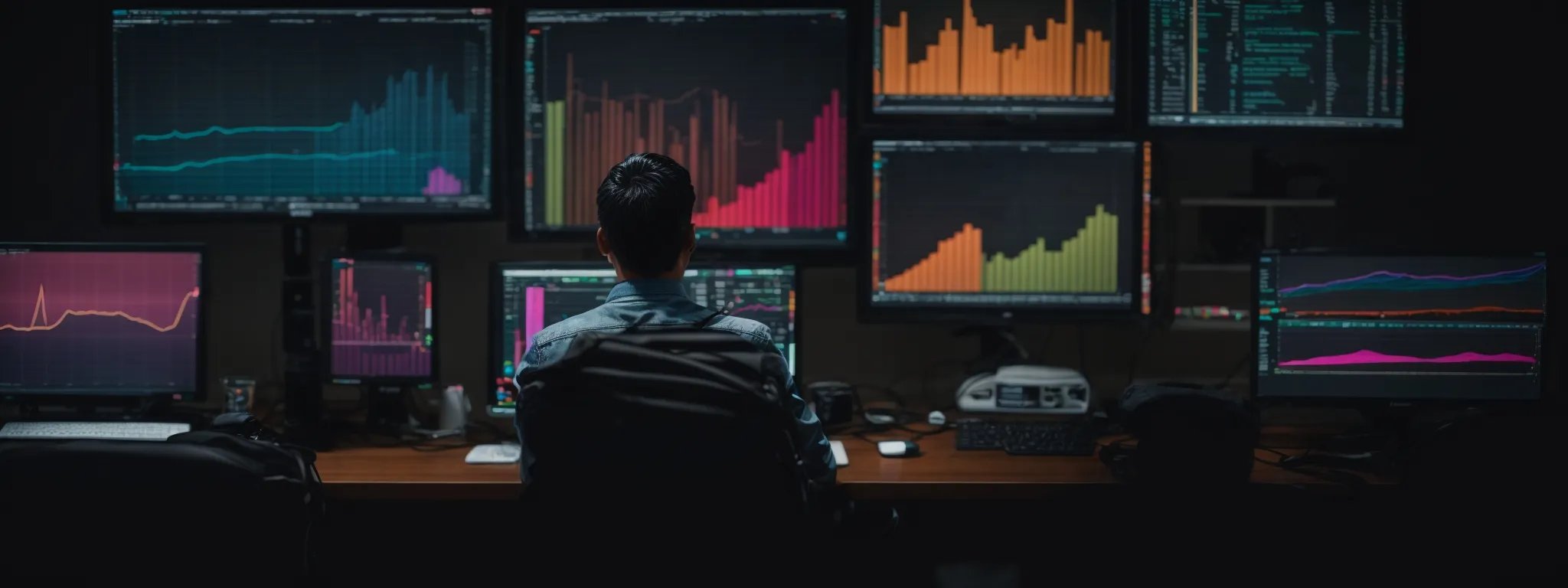 a marketer stares intently at a computer screen filled with colorful analytics graphs and search trend data.