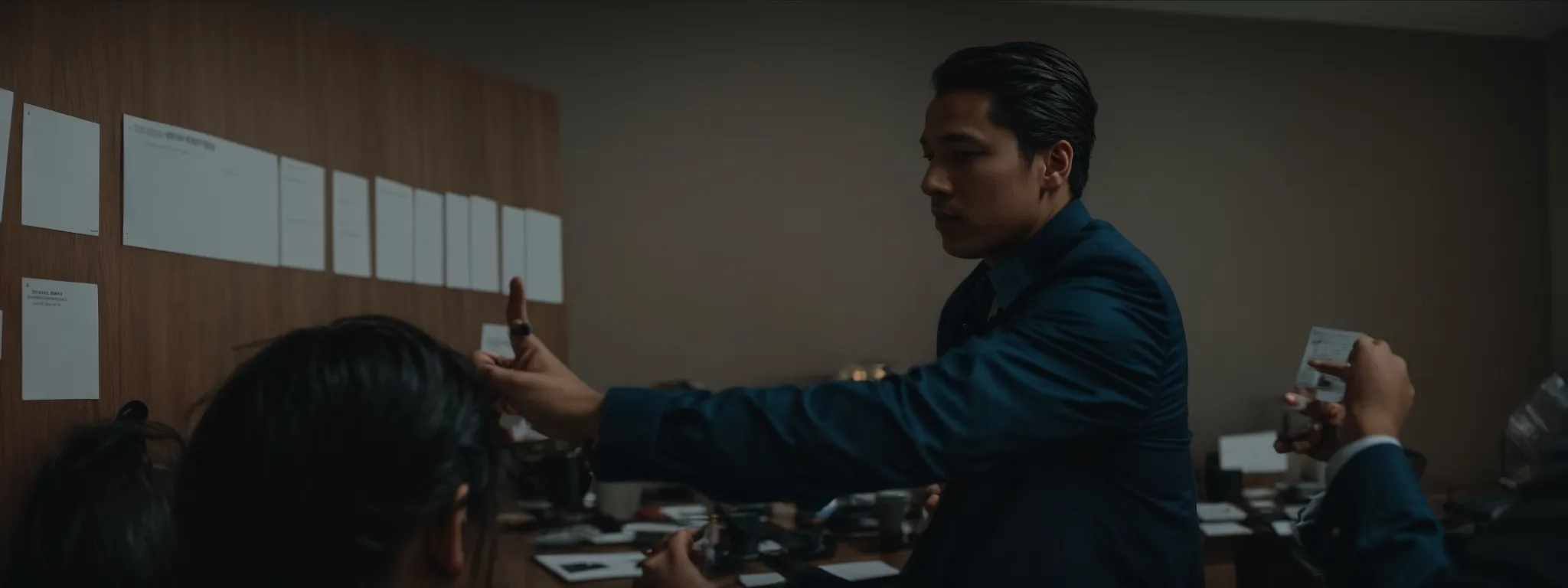a professional pointing at key metrics on a screen during a strategy meeting.