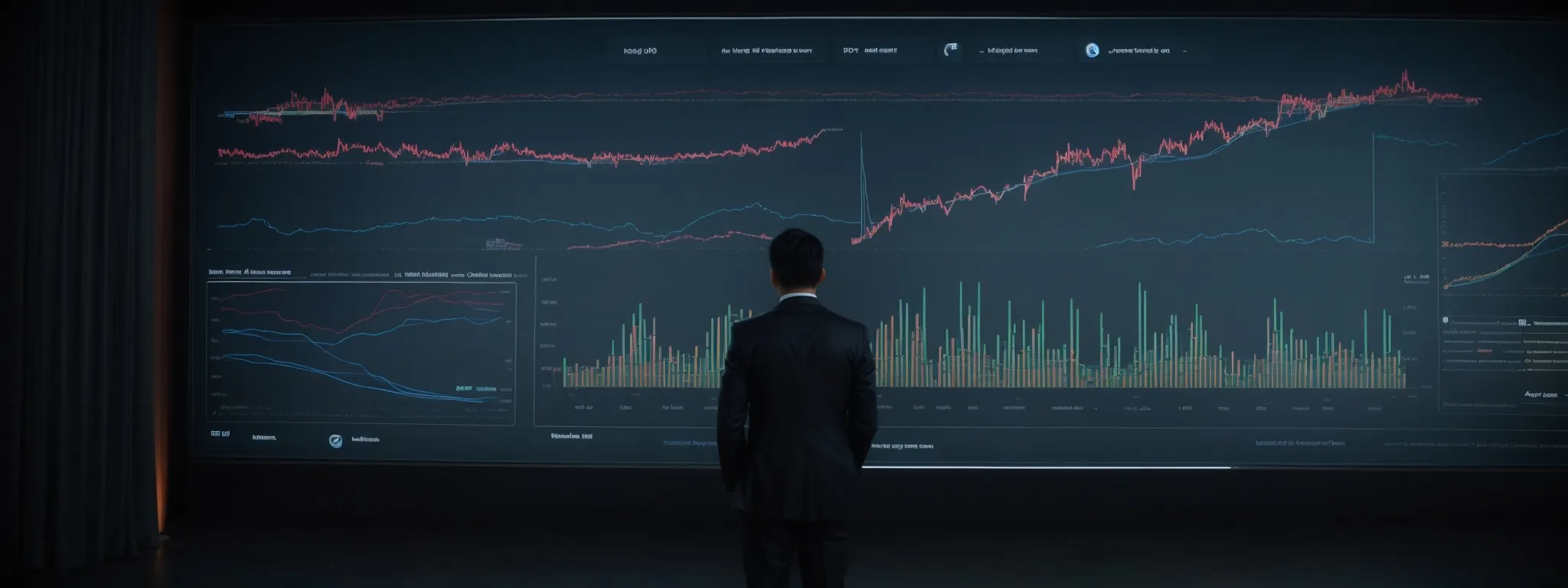 a marketer stands before a large interactive screen displaying graphs and social media metrics.