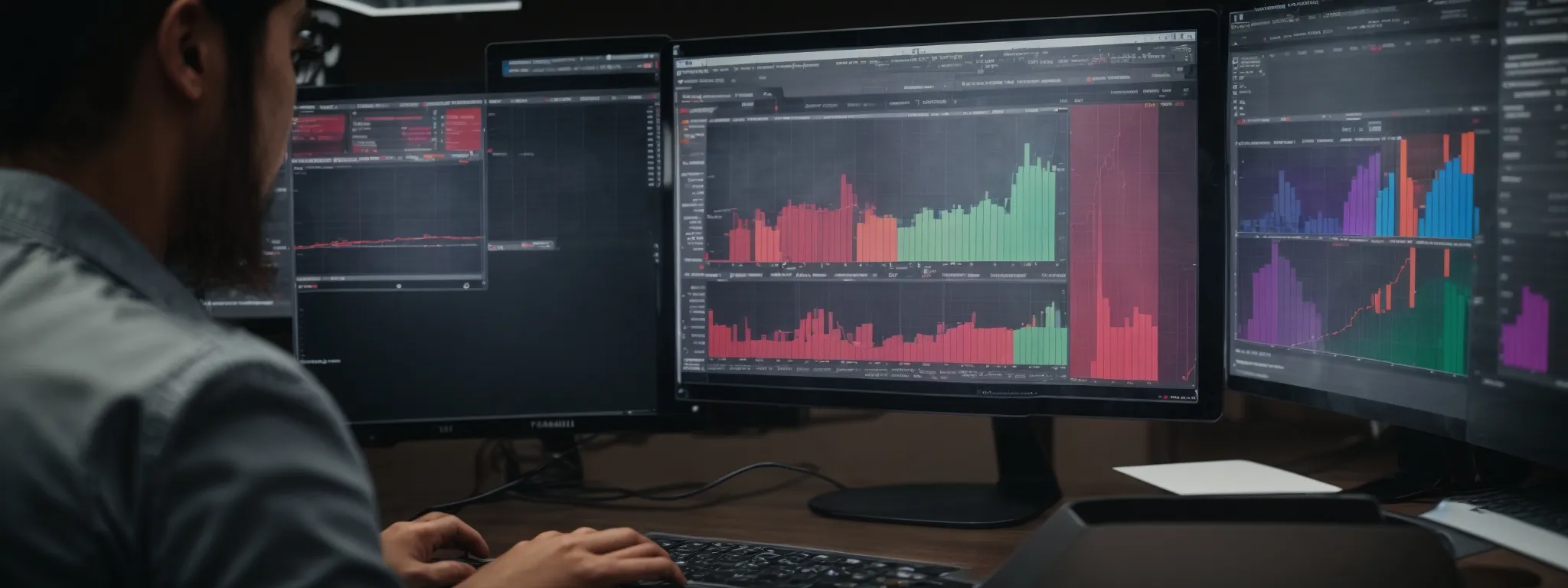 a person analyzing colorful graphs and charts on a computer screen, showcasing data trends and insights within a google sheets interface.