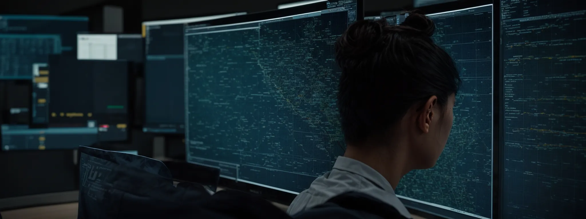 a computer analyst thoughtfully examines data on a screen displaying a global network map highlighting website traffic optimization.