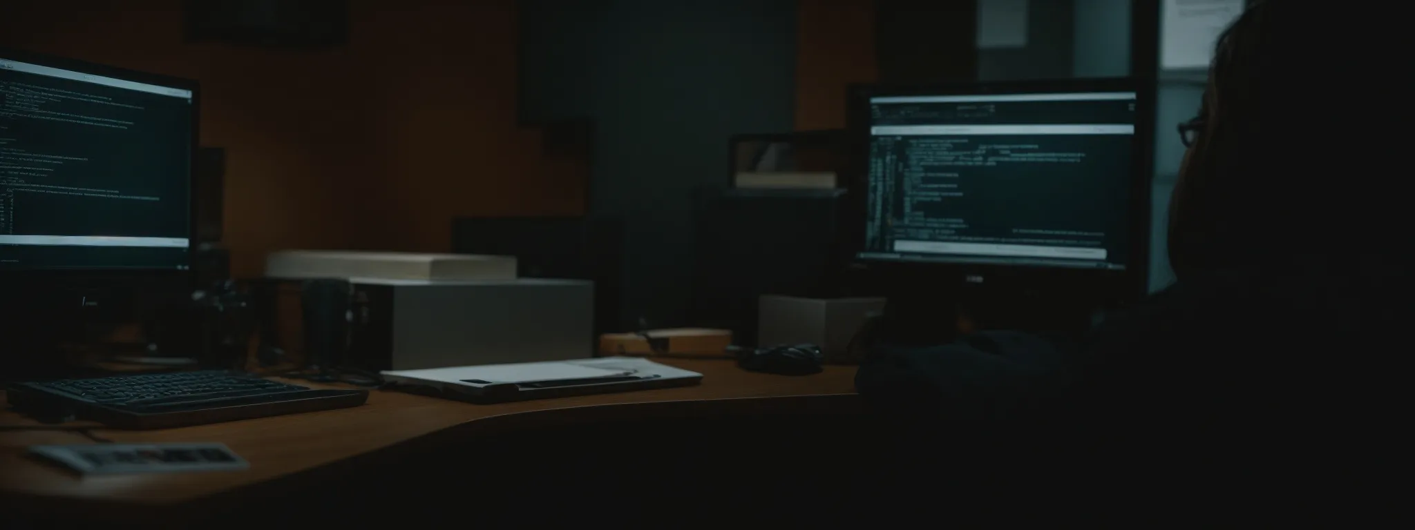 a person sitting at a computer, with a search engine on screen, contemplating various domain names.