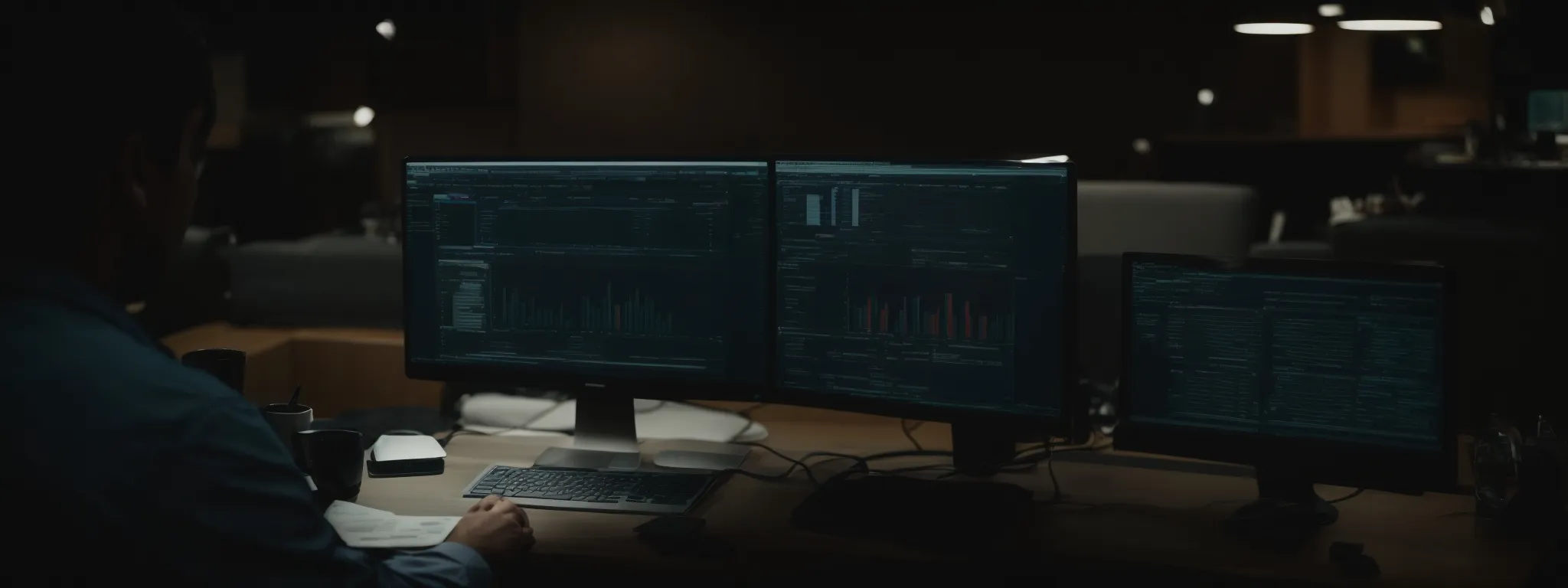 a person sitting at a computer reviewing analytics on the screen to improve a website's search engine rankings.