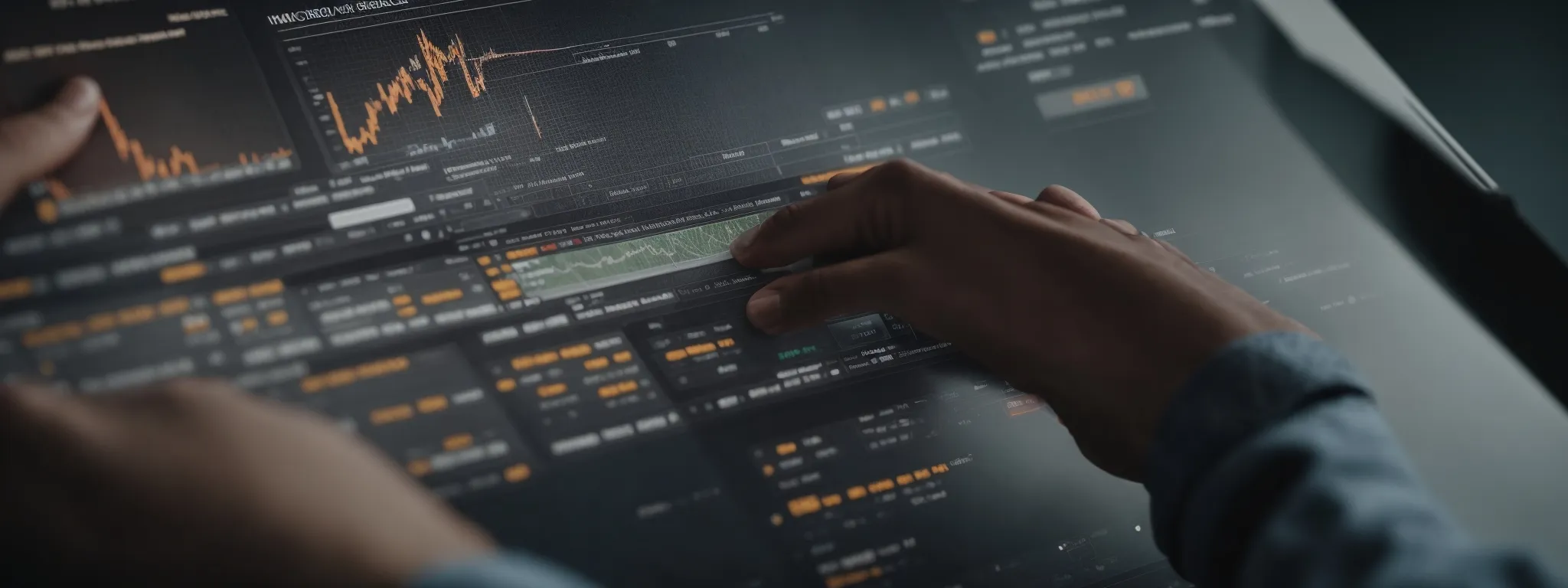 a marketer clicks on a mouse, browsing a digital seo tool interface displaying web analytics.
