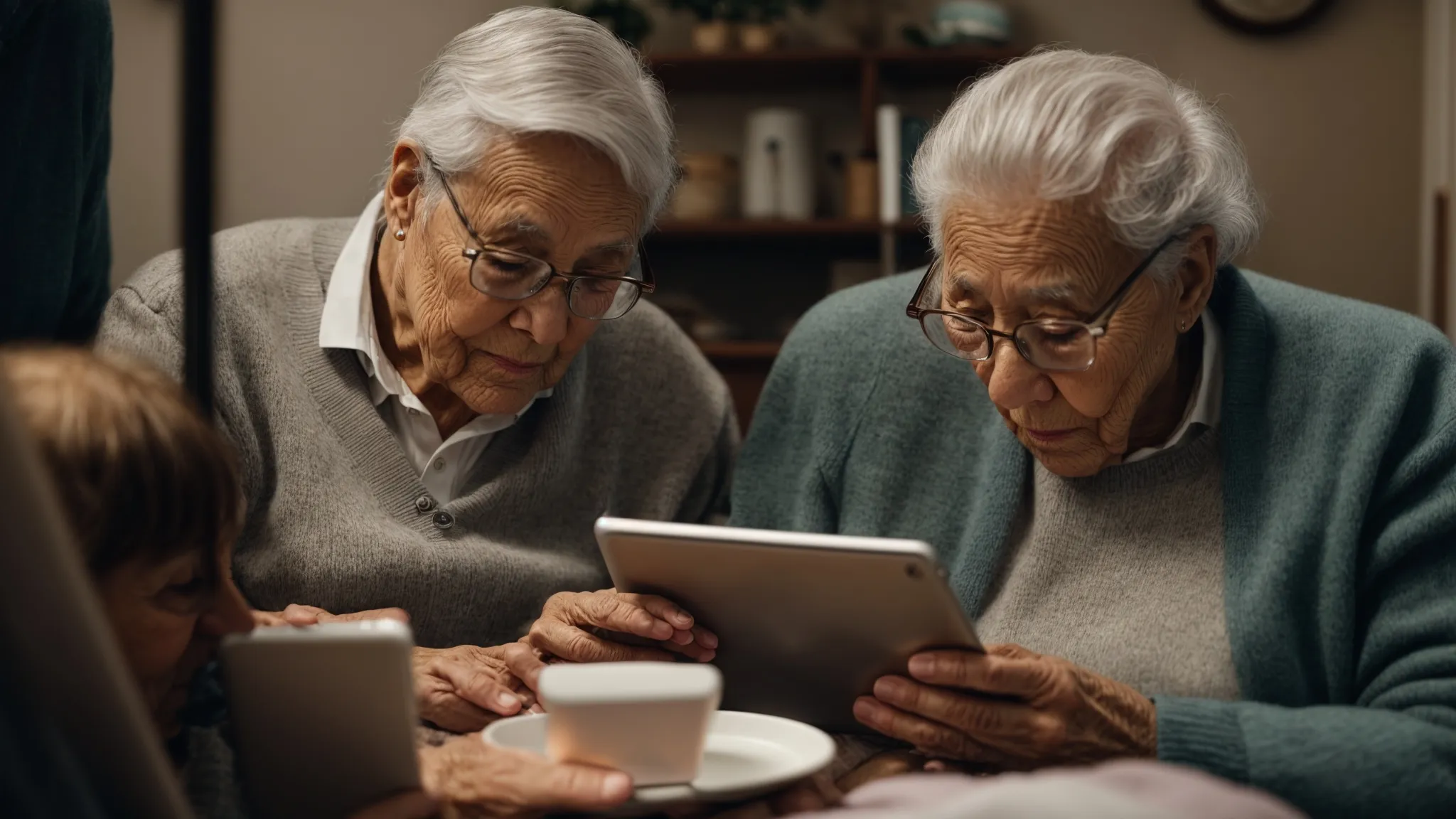 an elderly couple browsing a nursing home website on a tablet in a cozy living room.