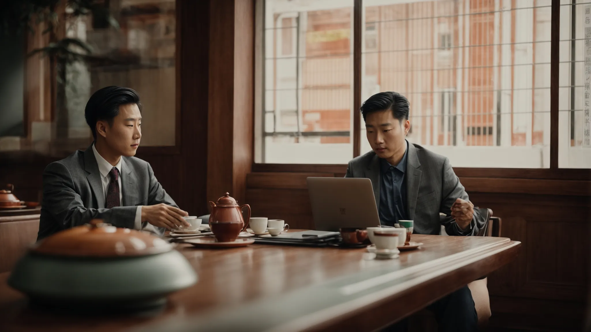 a person sitting at a traditional chinese tea table with a laptop displaying bar graphs and pie charts on the screen.