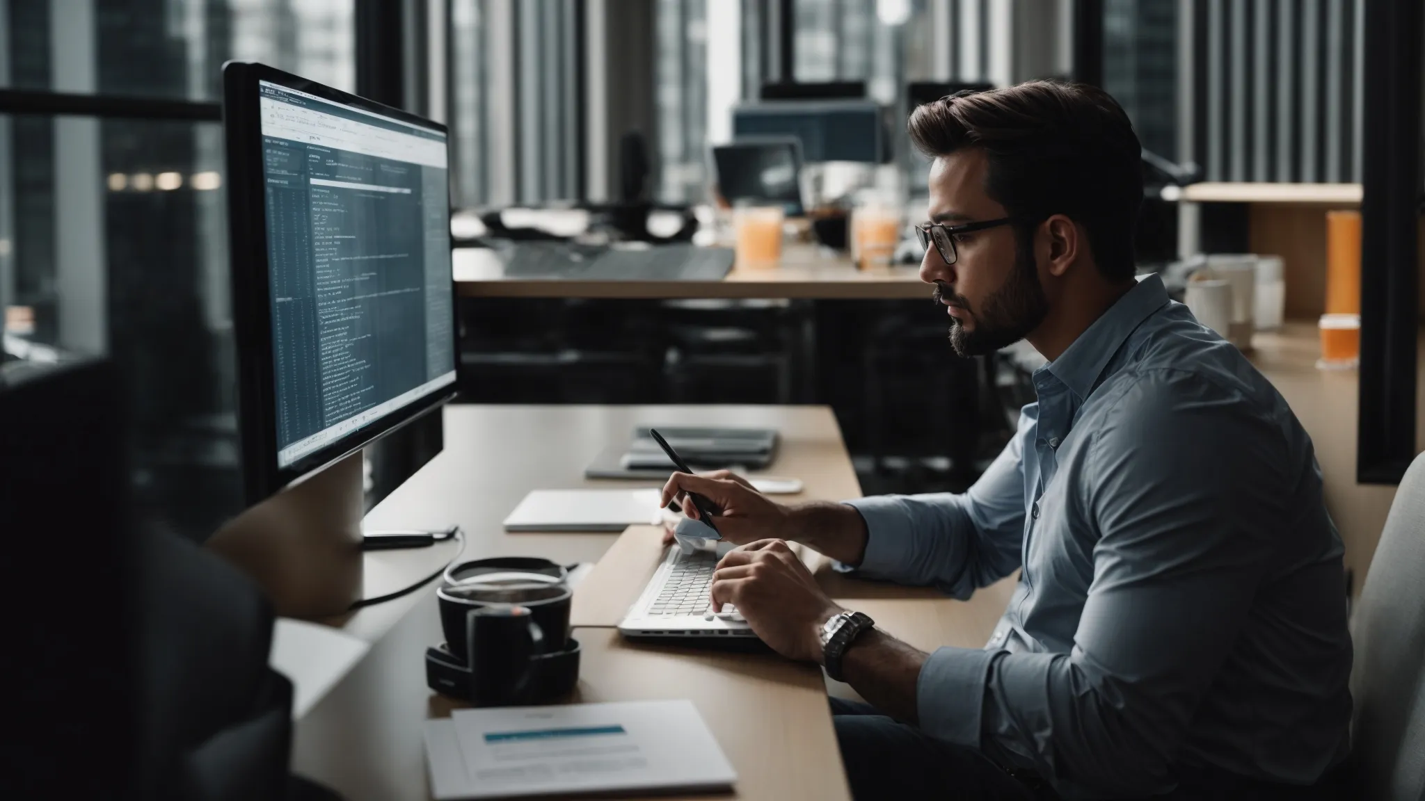a pensive marketer scrutinizing a detailed seo checklist on a computer screen in a bright, modern office.