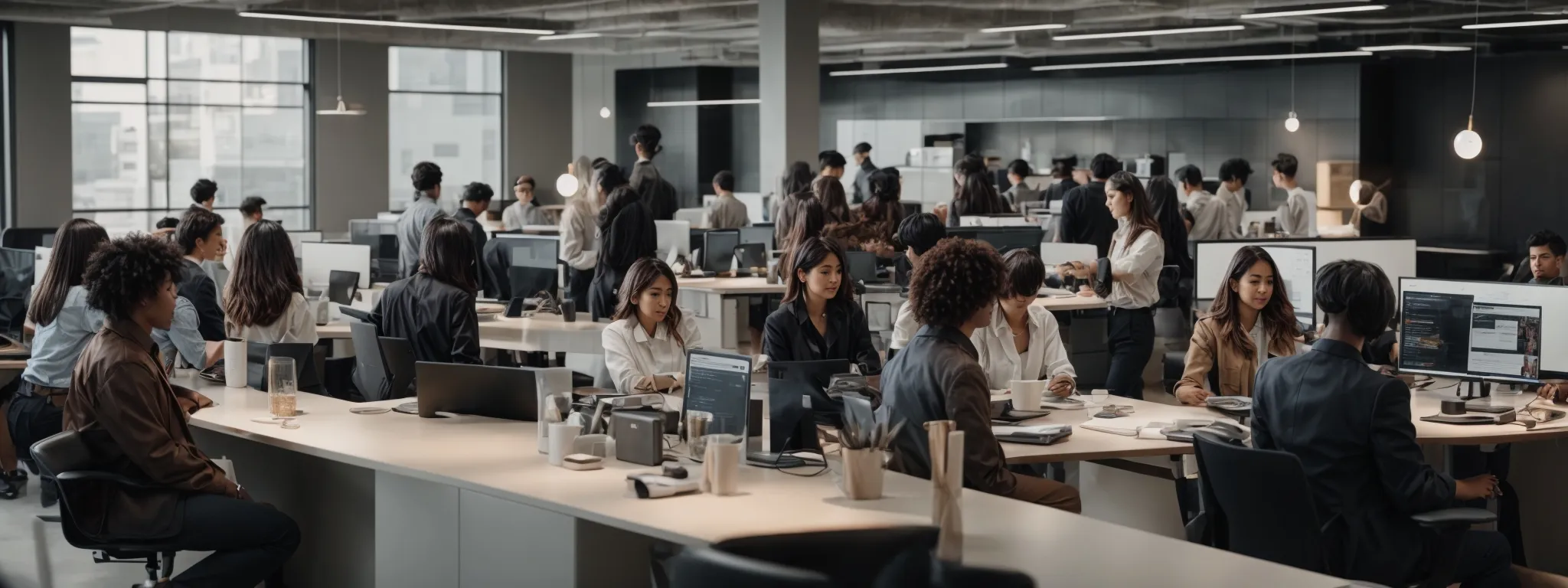 a diverse group of people gather in a modern, open-space office, actively engaging with each other around a large table with laptops and digital devices.