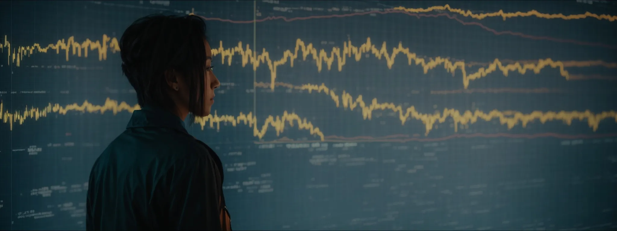 a person gazes intently at a large, glowing screen display of trending graph lines and search icons.