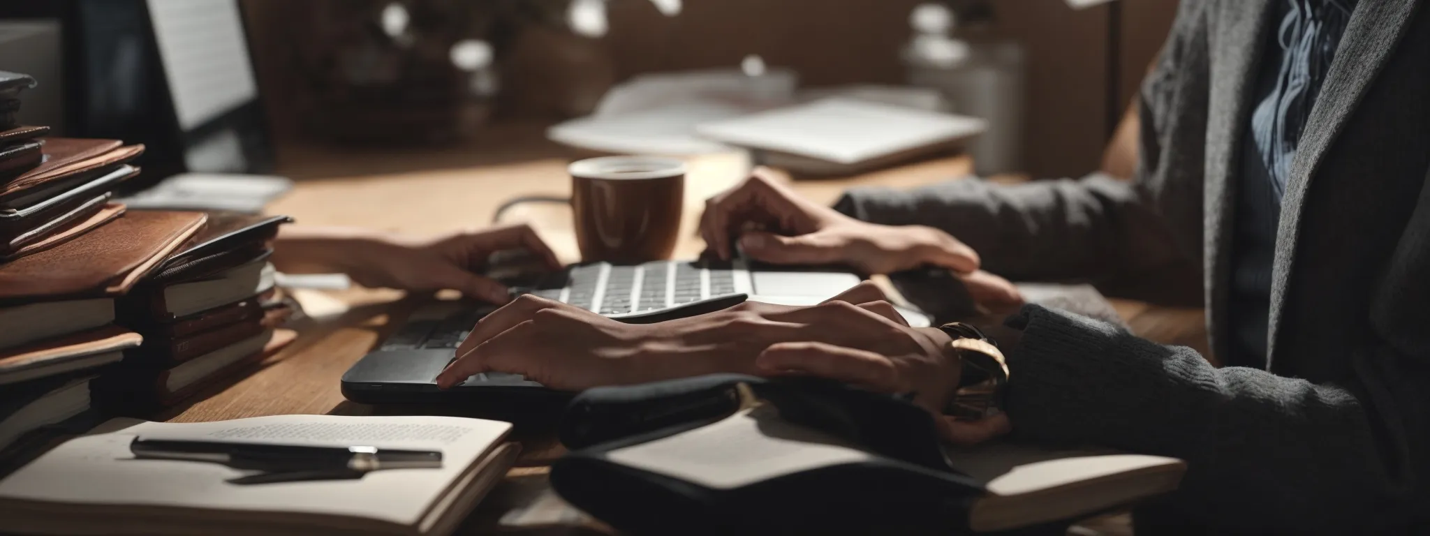 a person typing on a laptop surrounded by books and a coffee mug, deep in thought as they create seo-optimized content.