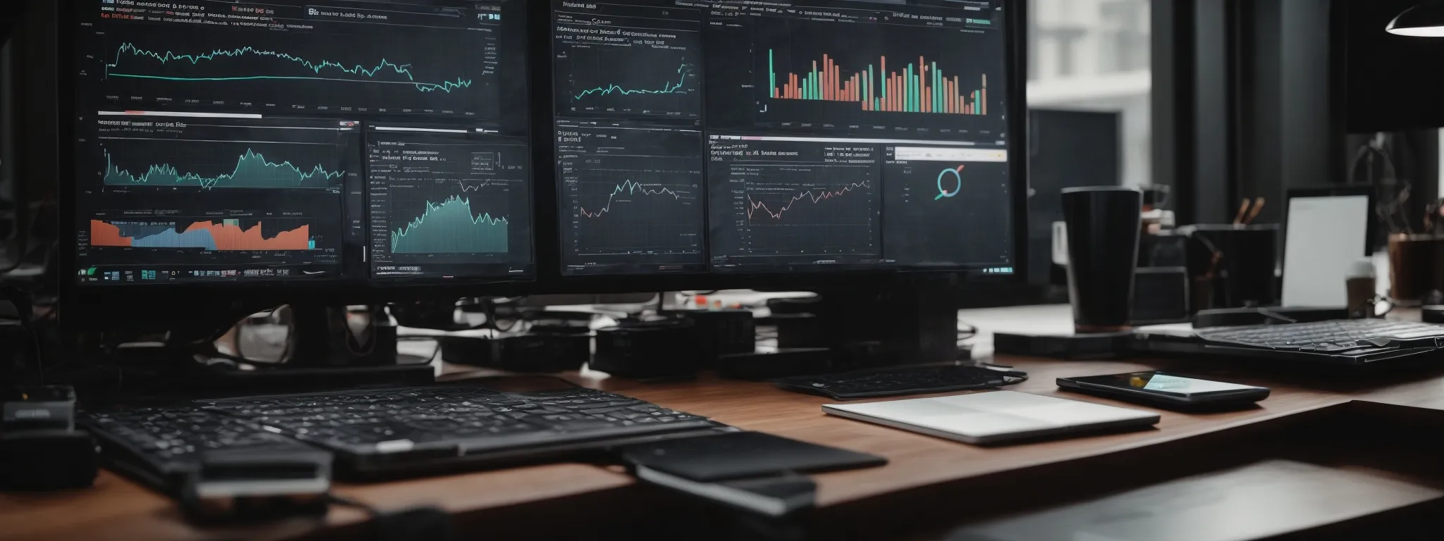 a bustling ecommerce command center with a laptop displaying graphs and charts, while a smartphone with seo tools icons next to it rests on a modern desk.