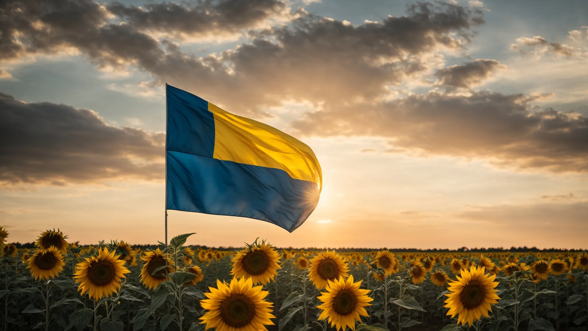 a ukrainian flag flies above a serene field of sunflowers as the sun sets, symbolizing hope amidst adversity.