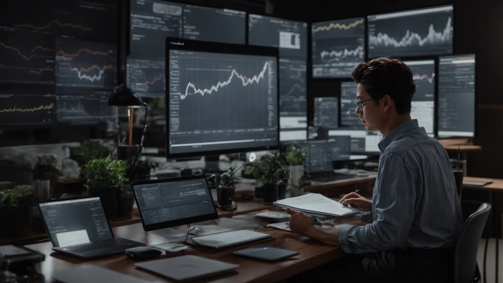a person sitting at a desk with multiple digital devices displaying graphs and web pages while taking notes.