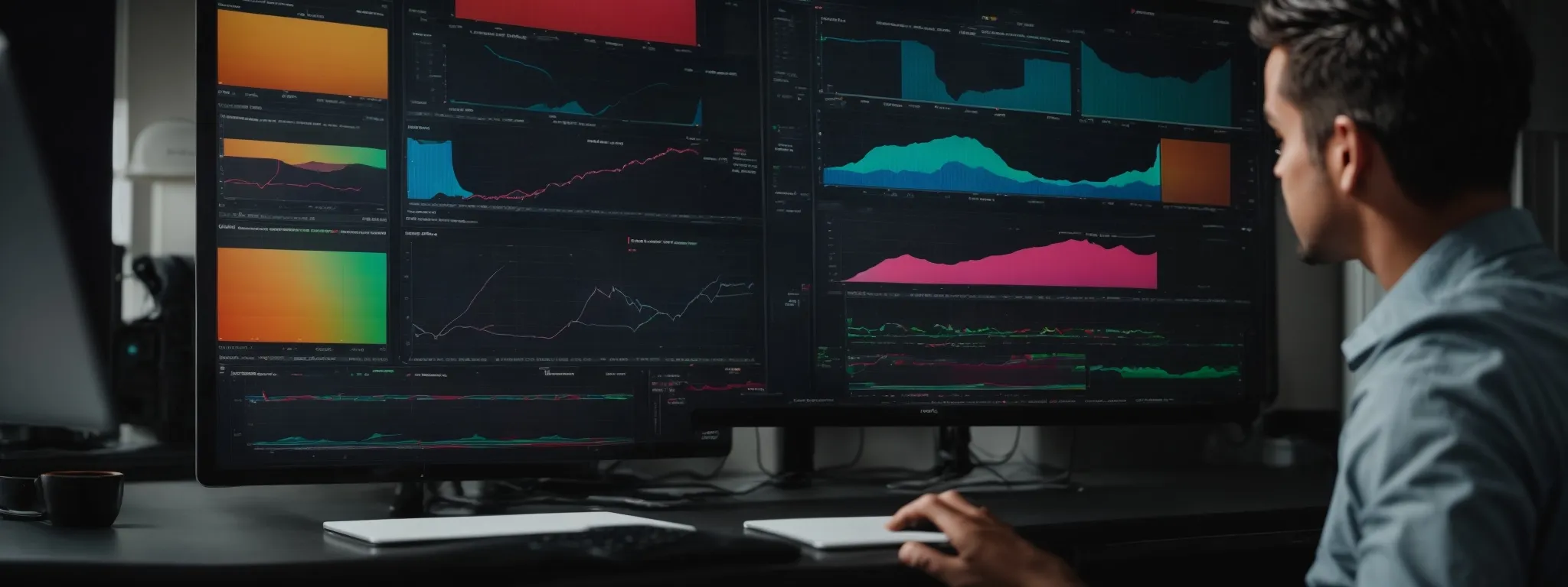 A person sits at a desk, analyzing multiple graphs and charts displayed on large computer monitors in a dimly lit office.