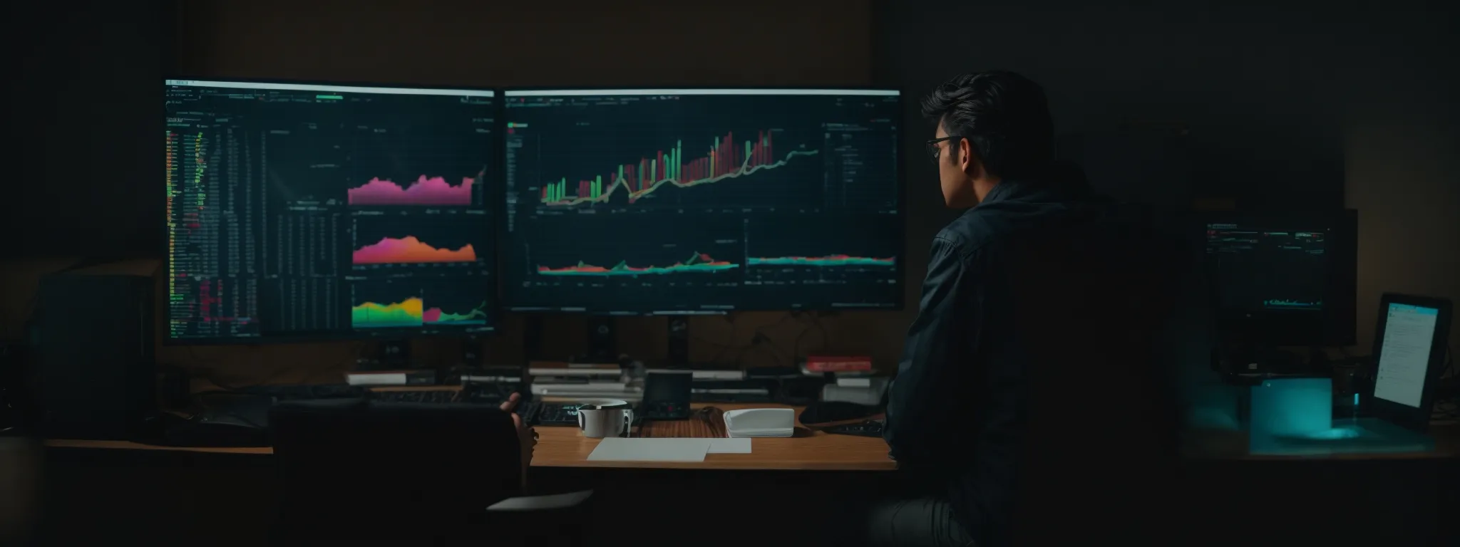 a digital marketer sits before a large computer monitor displaying colorful analytics charts indicating website performance.