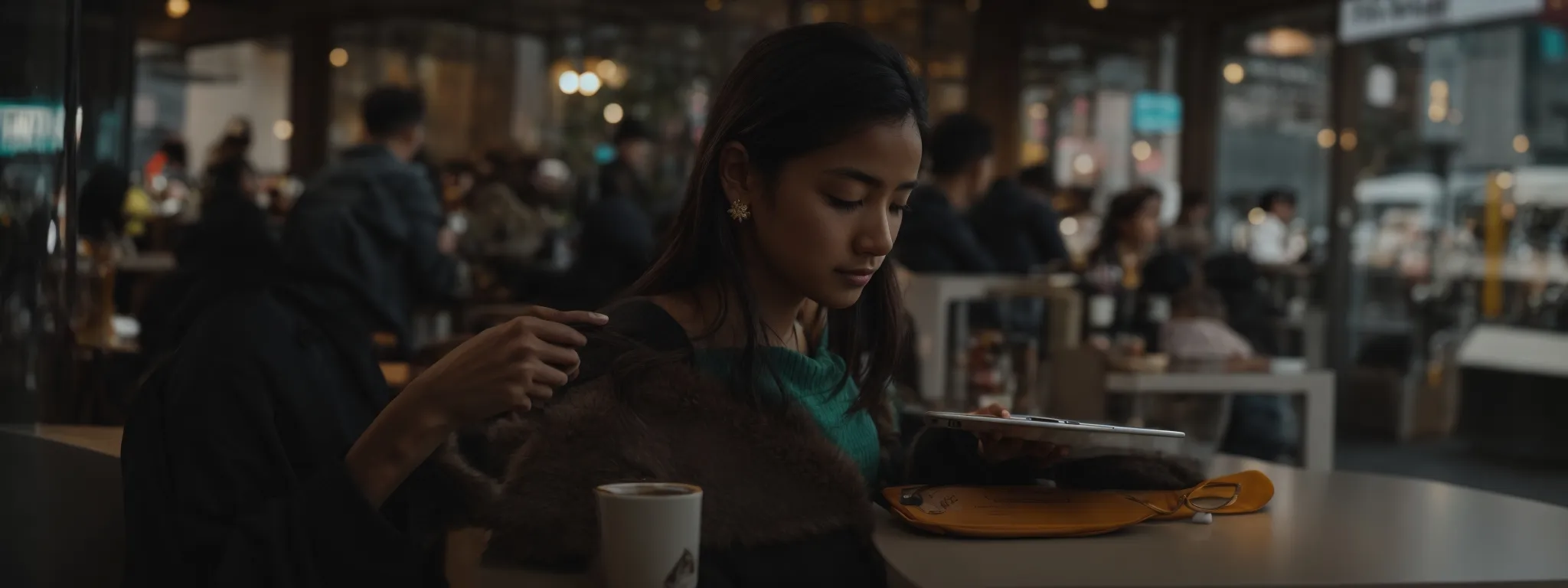 a person browsing through a mobile shopping app while sitting at a cafe.