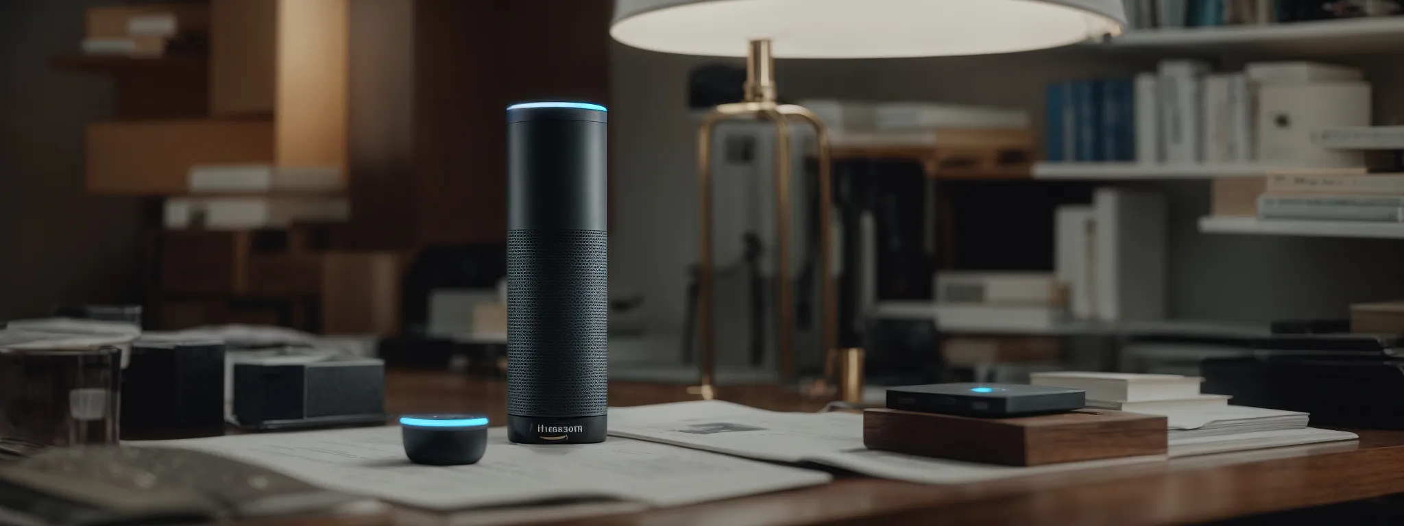 a person speaking to an amazon echo device on a clean desk amidst marketing strategy notes.